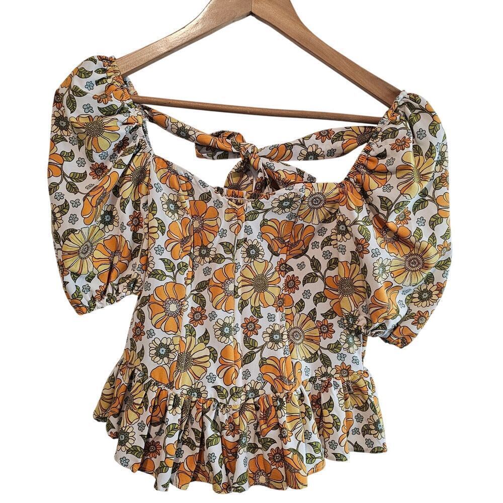 Milk & Honey Babydoll Blouse Women XS Yellow Floral Boho Ruffle Cottage Prairie
